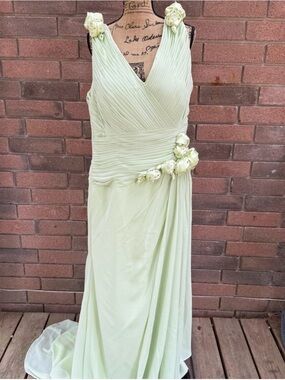 Hebeos Chiffon Light Green Maxi Dress with Floral Accents size 16